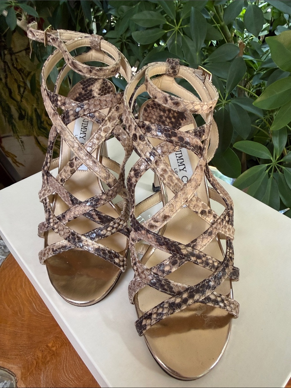 Jimmy Choo Beige and Brown Snake-Print Strappy Heels